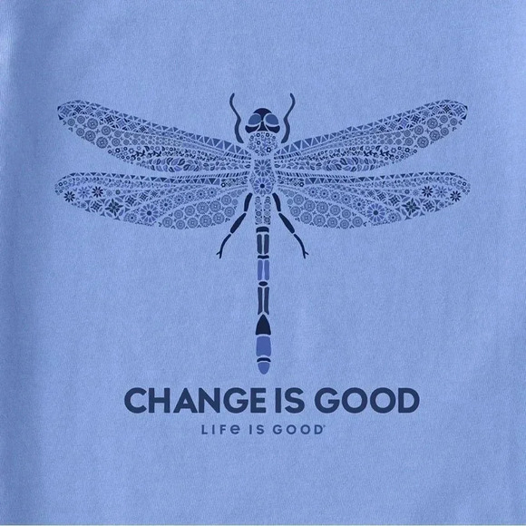 Life is Good Cornflower Blue Dragonfly Hi-Low Size MED Crusher Tank Women NWT - Picture 2 of 12